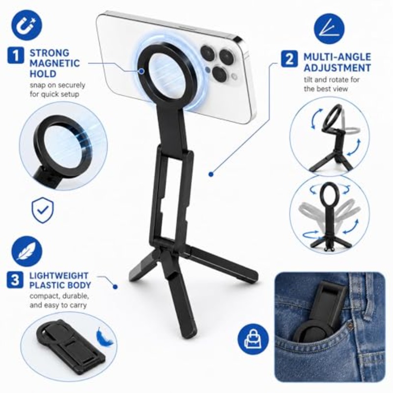 Selfie Stick Tripod - Support de téléphone pliable magnétique, trépied